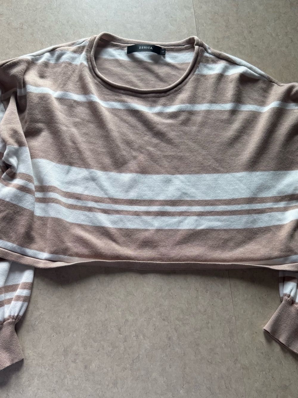 Zessica Beige & White Striped Cropped Sweater
